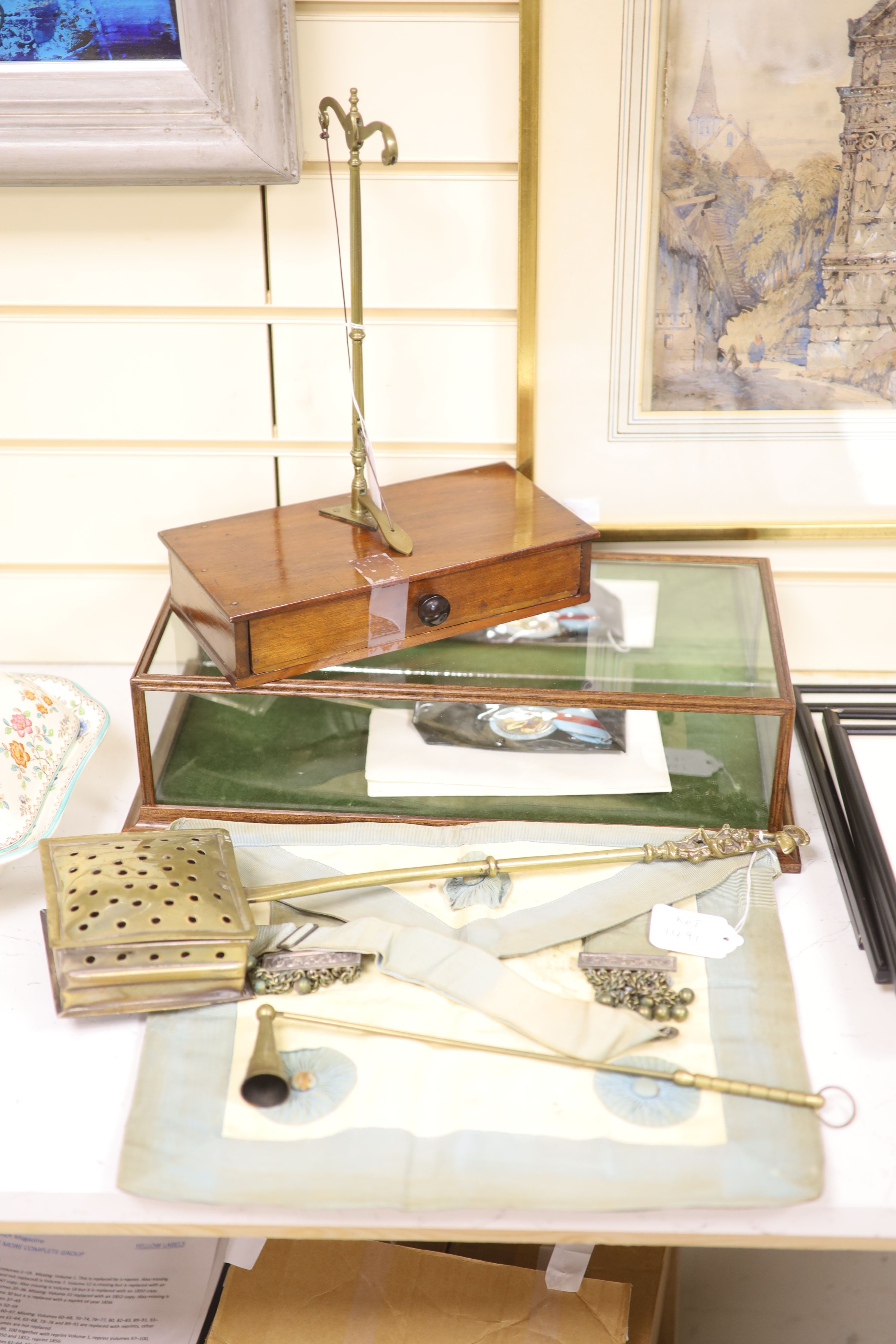 A 19th century set of brass and mahogany apothecary scales and miscellaneous items,